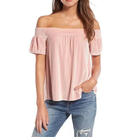 Hinge Off the Shoulder Pink Velvet Romantic Top Size Medium Nordstrom - Picture 1 of 6